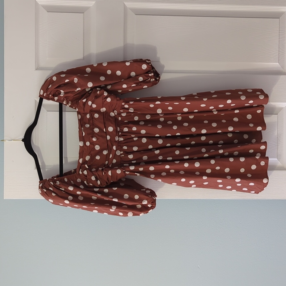 Abercrombie brown and white polka dot puff sleeve mini dress pockets